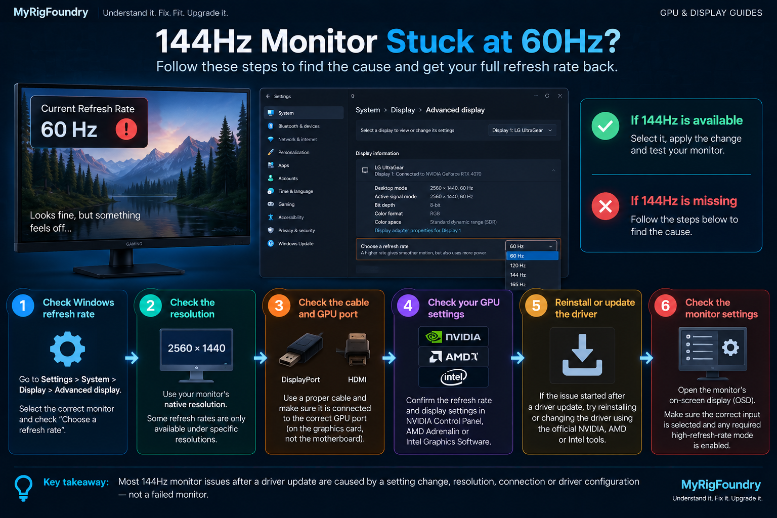 Troubleshooting guide for a 144Hz monitor stuck at 60Hz showing Windows Advanced Display settings, resolution, cable, GPU settings, graphics driver and monitor settings
