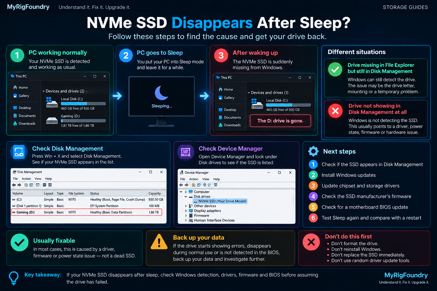 Troubleshooting guide for an NVMe SSD that disappears after sleep, including Disk Management, Device Manager, drivers, firmware and BIOS checks