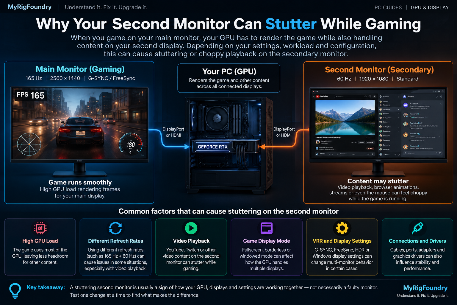 Diagram showing a gaming PC driving a high refresh rate main monitor and a secondary monitor where video or browser content may stutter while gaming