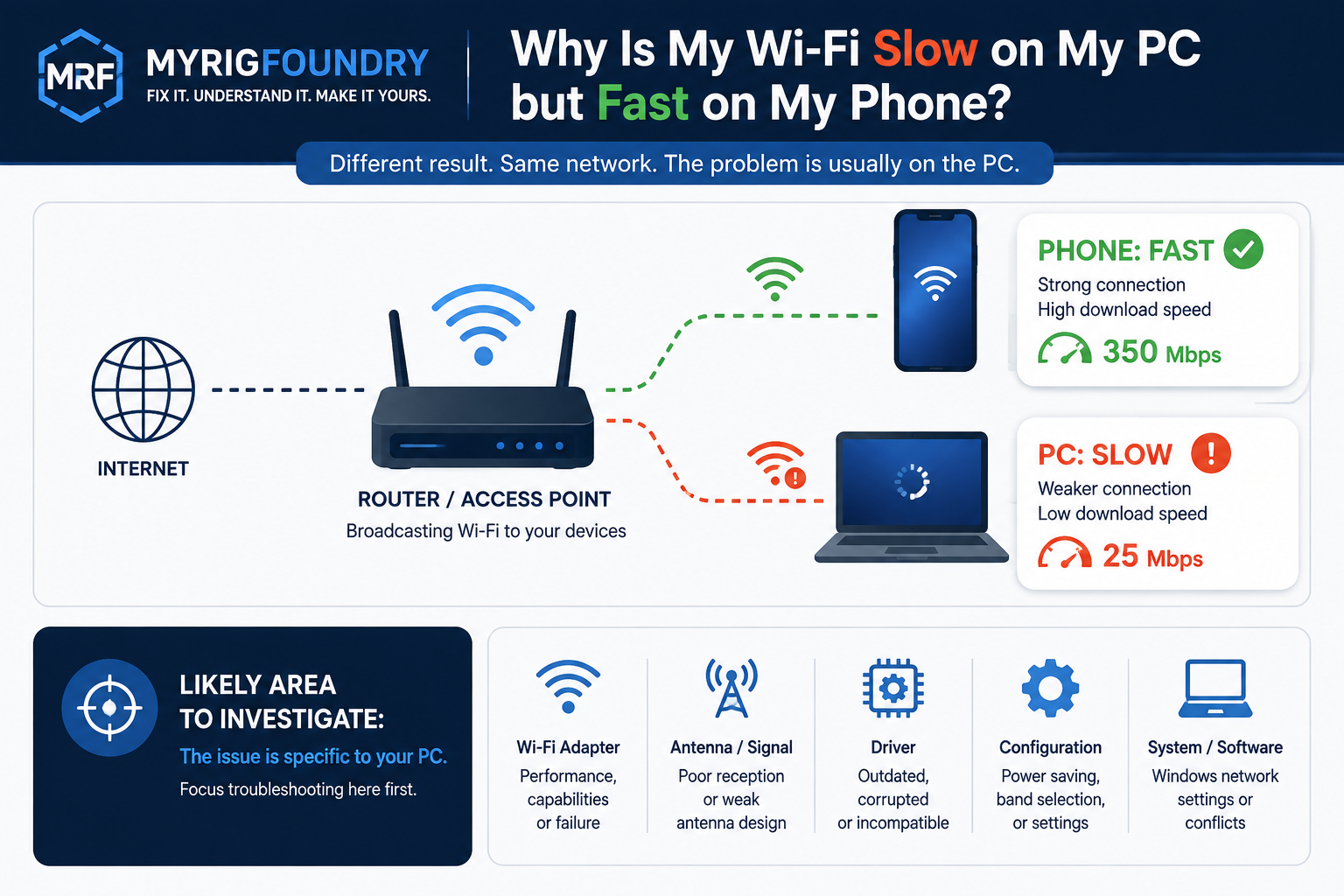Diagram showing a phone with fast Wi-Fi and a PC with slow Wi-Fi on the same network, highlighting PC-side causes to investigate.